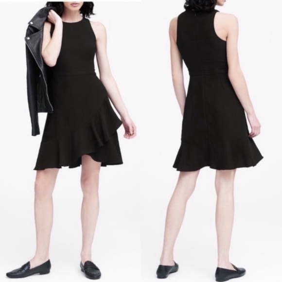 Banana Republic Dress Faux Wrap Ruffle Asymmetrical Tiered Black Sleeveless  2 - Picture 1 of 10